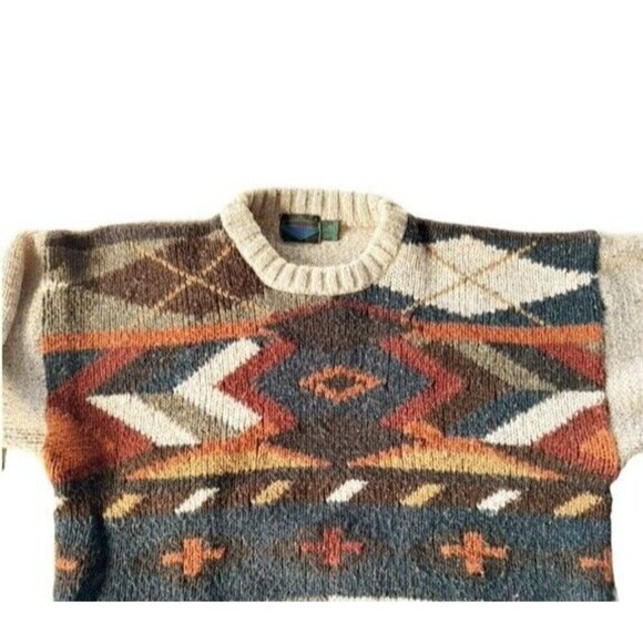 Vintage Etchings Mens Sz L Brown Blue Tan Crewneck Knit Wool Blend Sweater - Picture 4 of 8